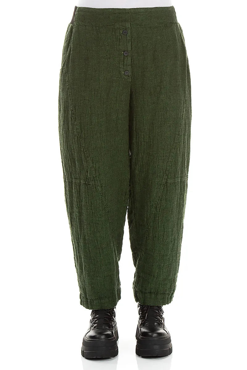 Leinenhose aus kleeblattgrünem Mélange mit Knopfleiste vorne