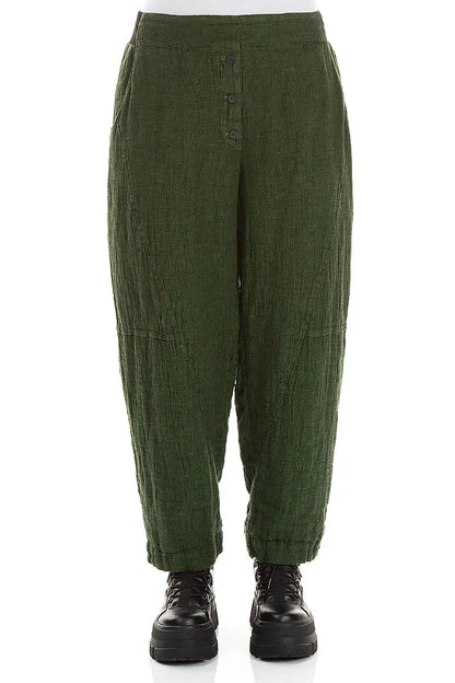 Leinenhose aus kleeblattgrünem Mélange mit Knopfleiste vorne