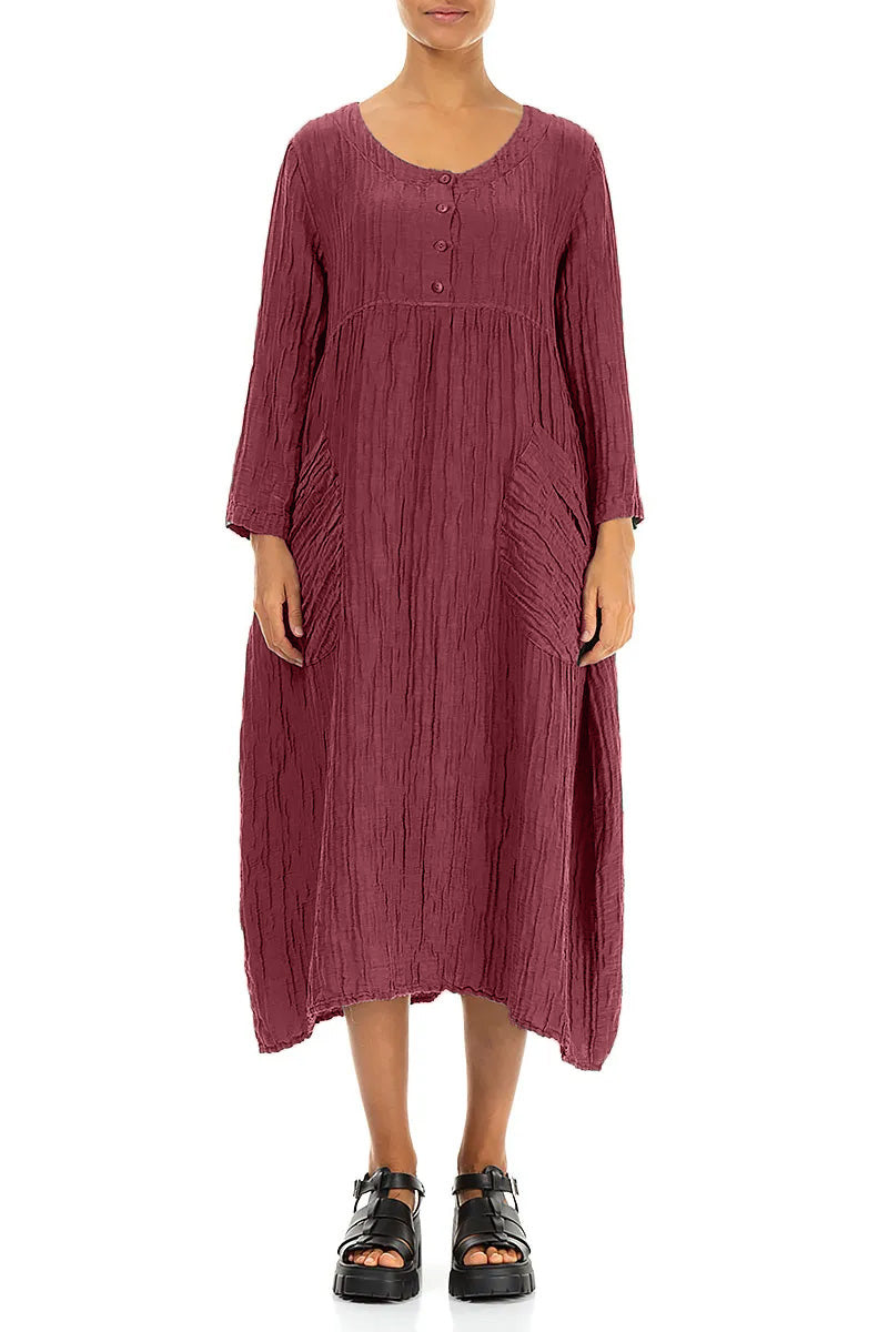 Buttoned Antique Ruby Crinkled Silk Linen Dress 1