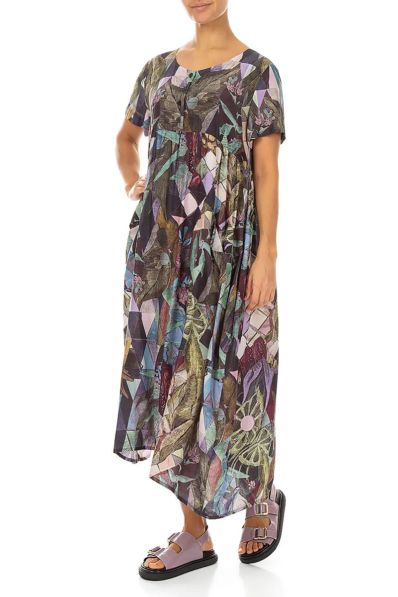 Buttoned Art Mosaic Silk Bamboo Dress