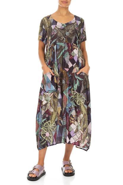 Buttoned Art Mosaic Silk Bamboo Dress