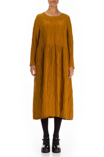 Buttoned Back Crinkled Honey Silk Linen Dress