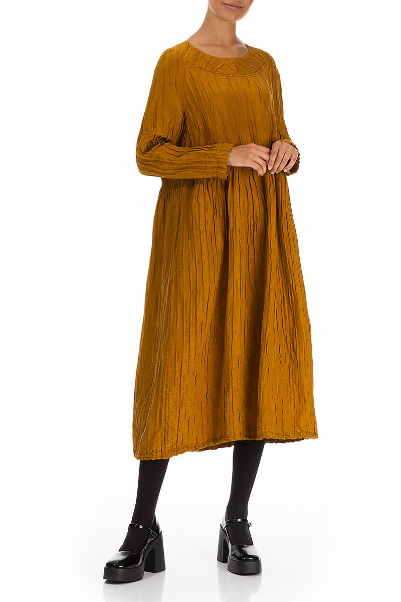 Buttoned Back Crinkled Honey Silk Linen Dress