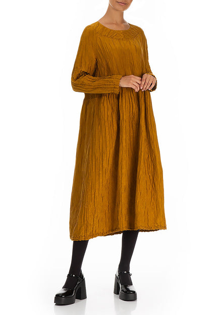 Buttoned Back Crinkled Honey Silk Linen Dress