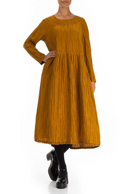 Buttoned Back Crinkled Honey Silk Linen Dress