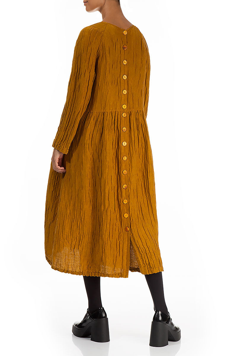 Buttoned Back Crinkled Honey Silk Linen Dress