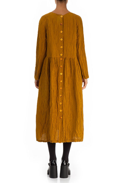 Buttoned Back Crinkled Honey Silk Linen Dress