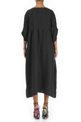 Buttoned Black Linen Dress 2