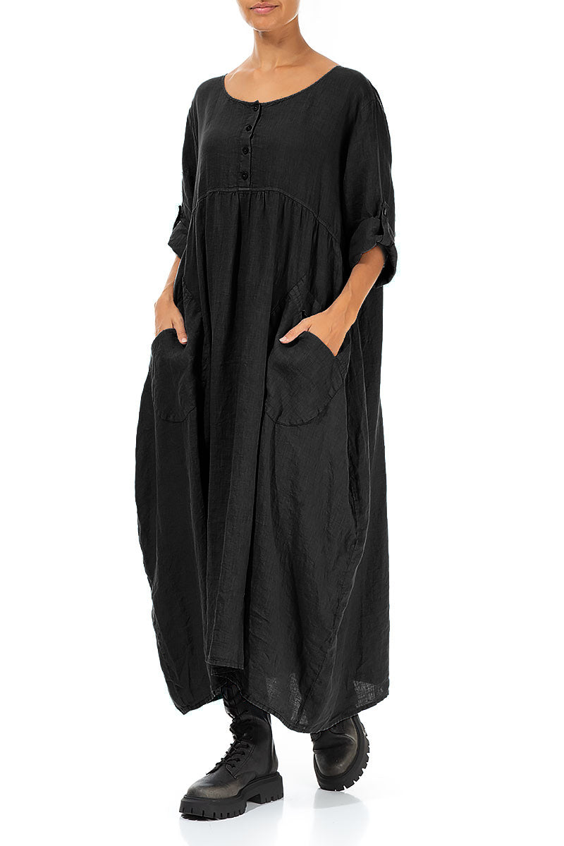 Buttoned Black Linen Dress 3