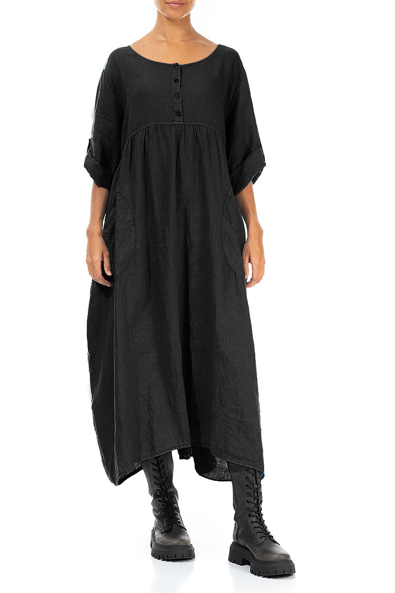 Buttoned Black Linen Dress 4