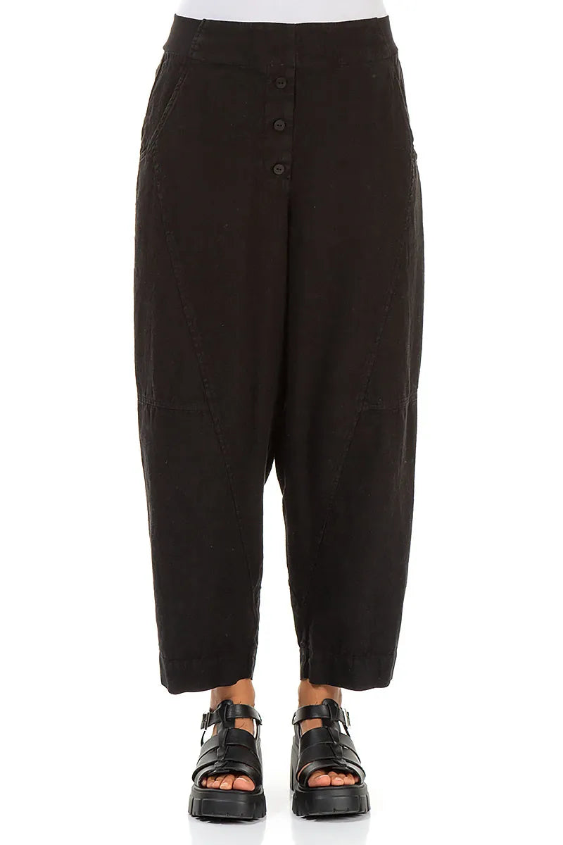 Buttoned Black Linen Trousers 1