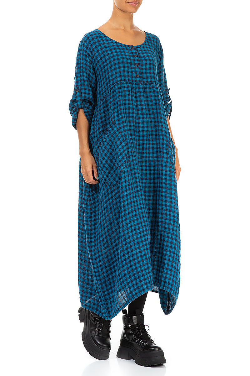 Buttoned Blue Check Linen Dress 3