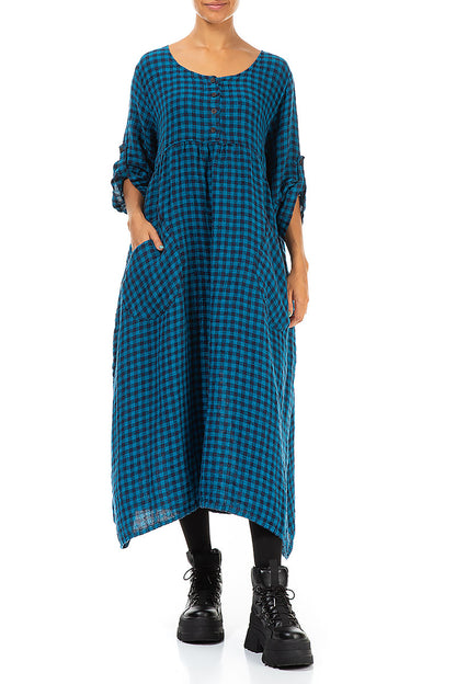 Buttoned Blue Check Linen Dress 4