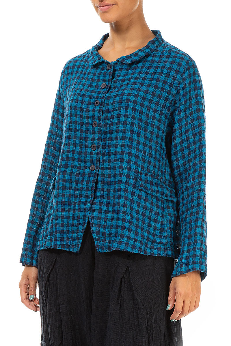 Buttoned Blue Check Linen Jacket 3