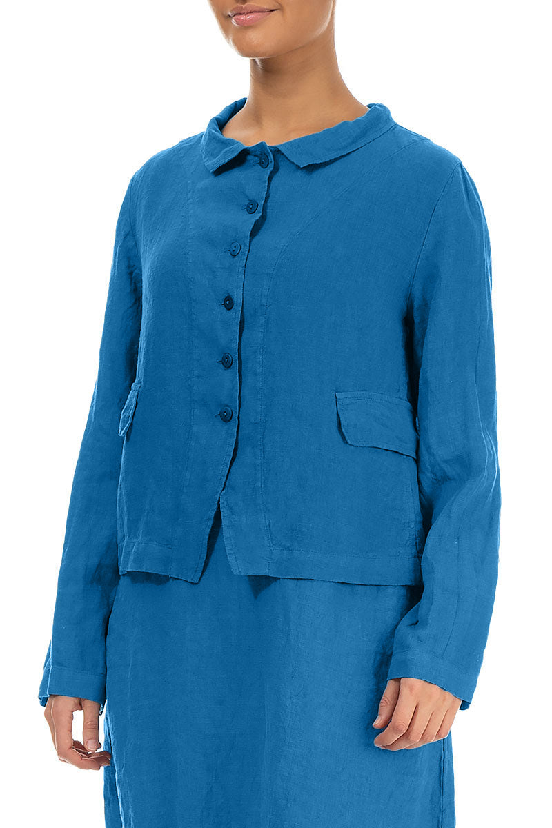 Buttoned Cobalt Blue Linen Jacket 3