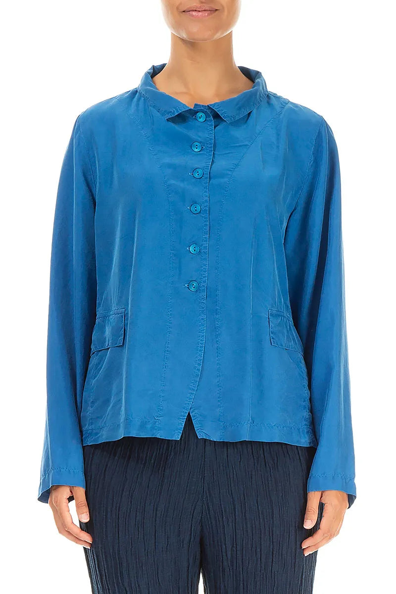 Geknöpfte kobaltblaue Jacke aus reiner Seide