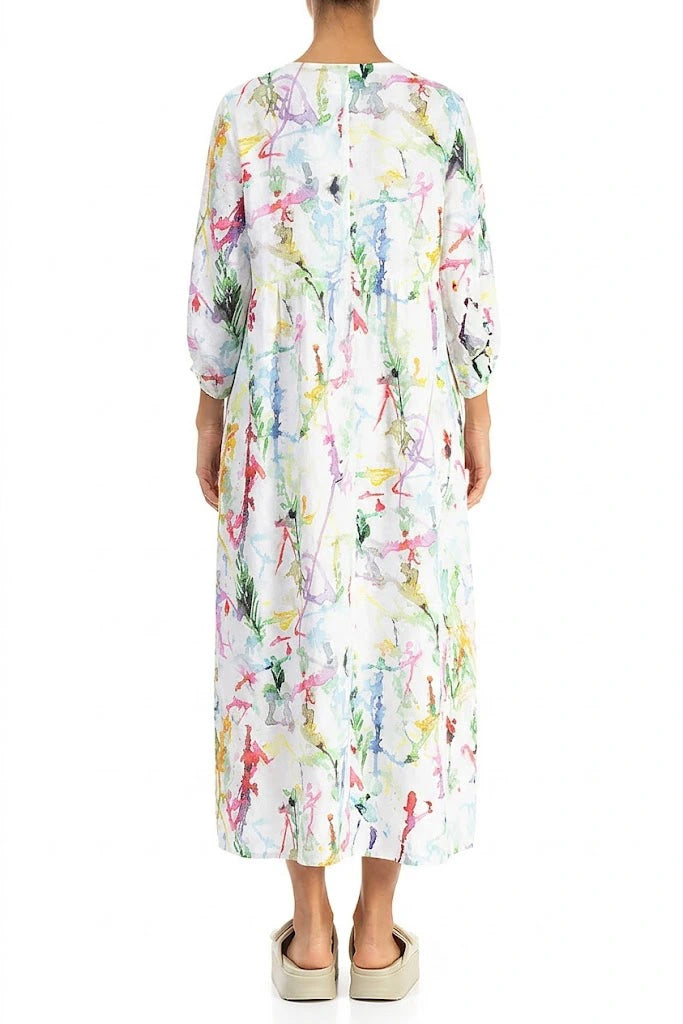 Buttoned Colour Splash Linen Dress