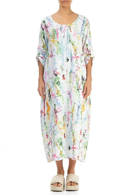 Buttoned Colour Splash Linen Dress