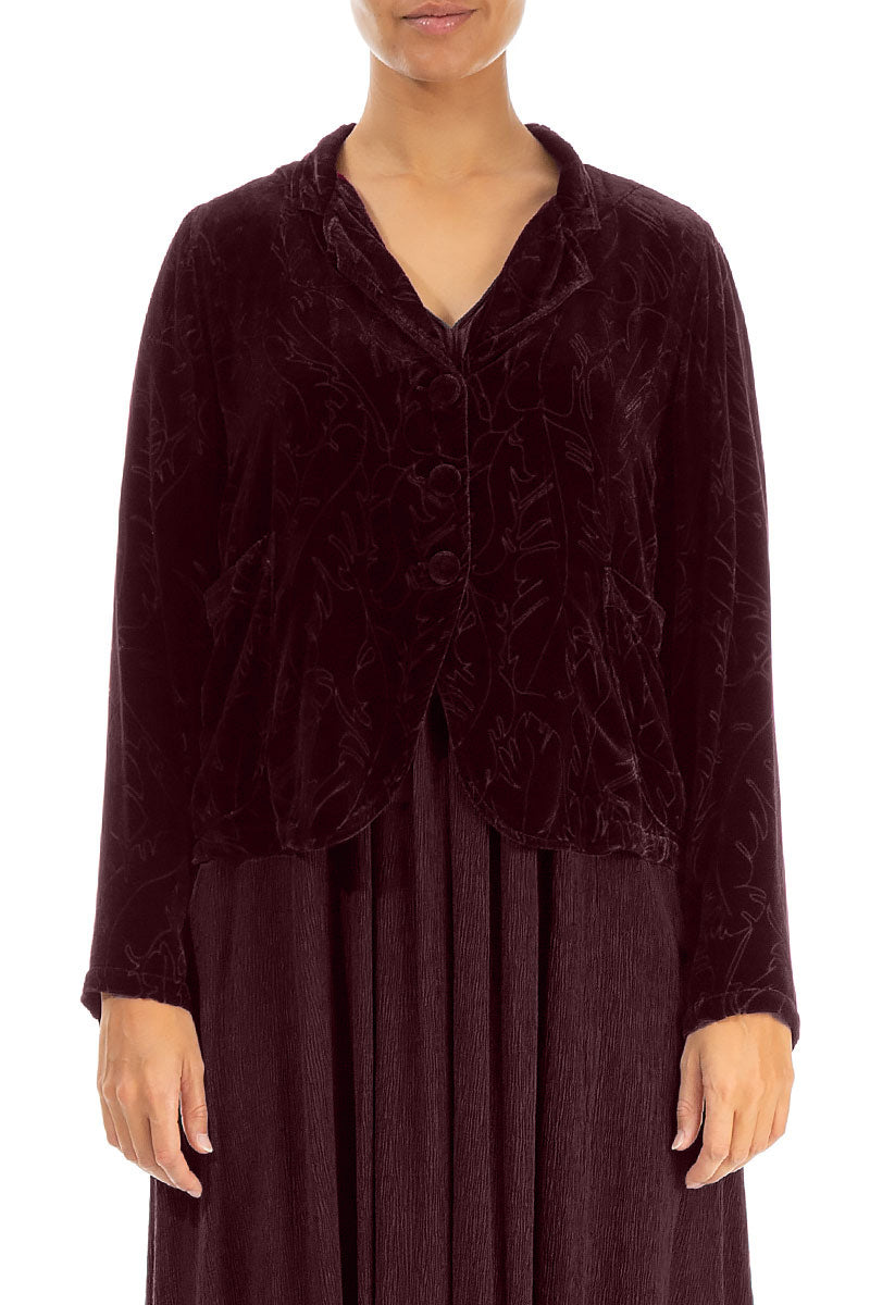Veste boutonnée en velours de soie merlot à plumes dévorées