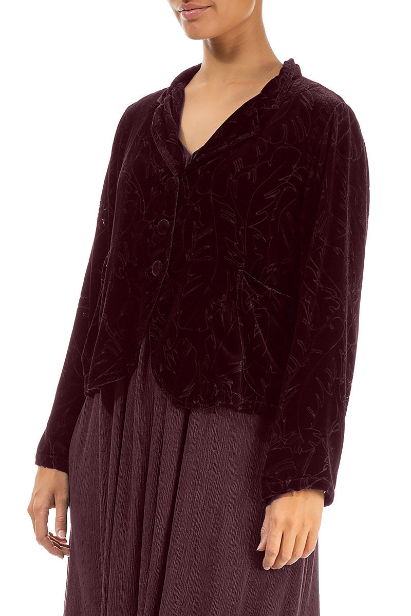 Buttoned Devoré Feather Merlot Silk Velvet Jacket