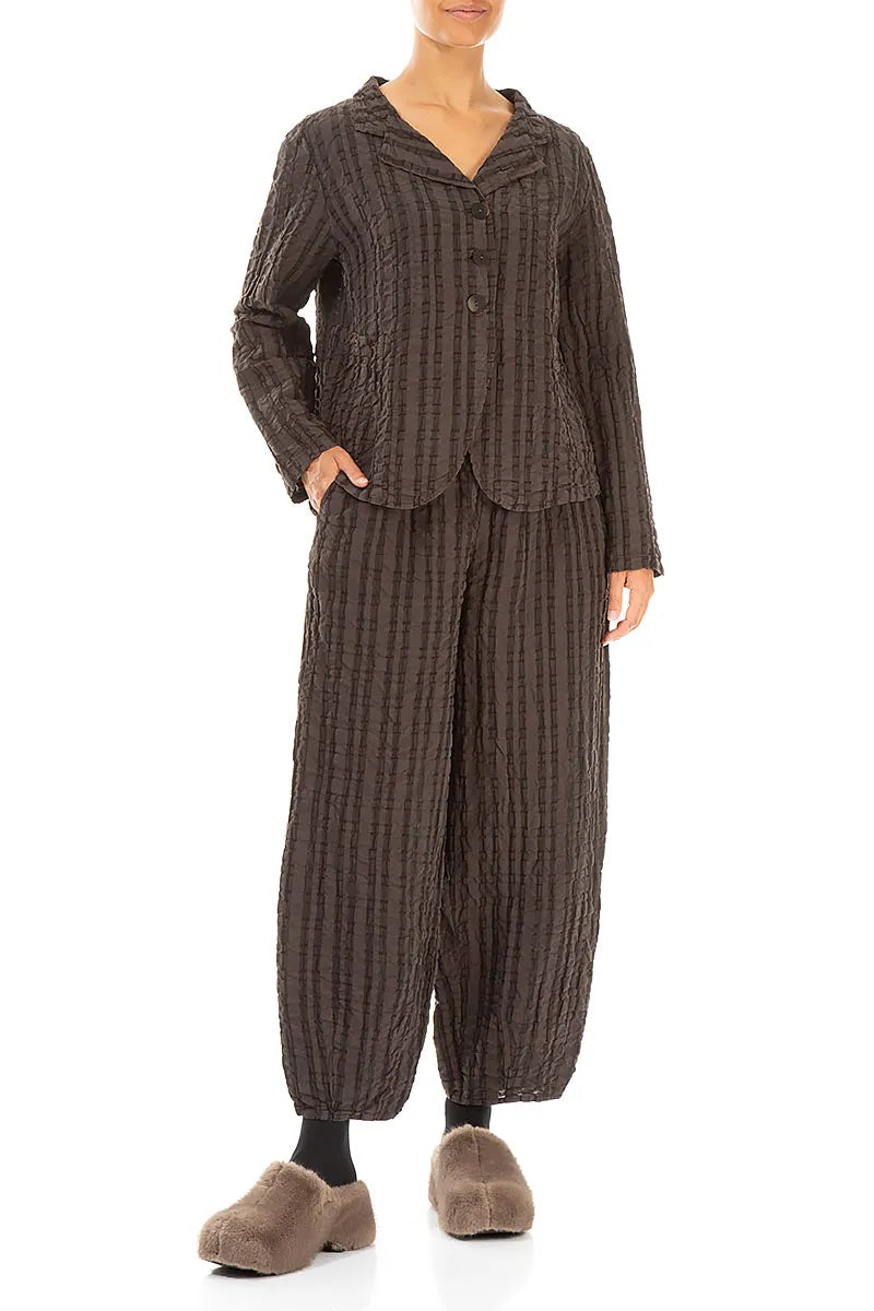 Geknöpfte, waldbraune, karierte Leinen-Baumwolljacke
