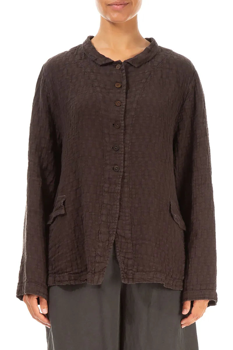 Buttoned Forest Brown Textured Linen Jacket
