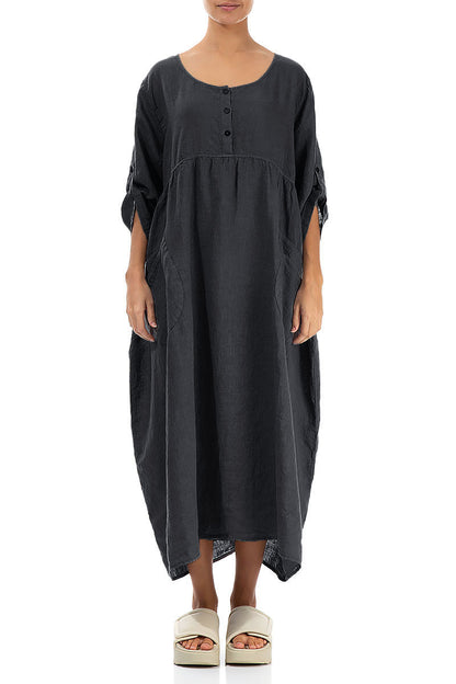 Buttoned Graphite Linen Dress 1