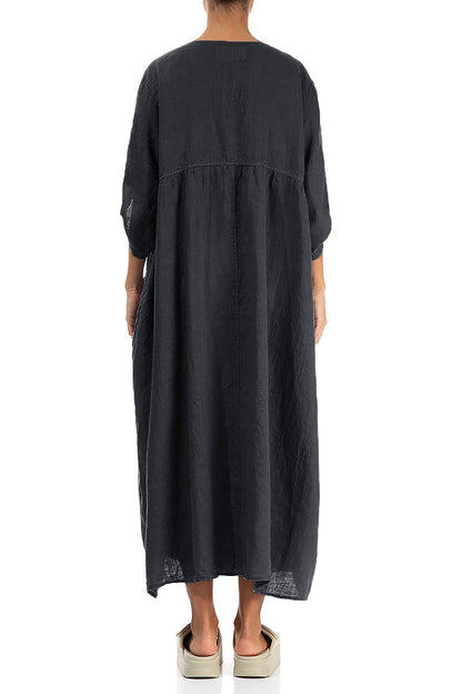 Buttoned Graphite Linen Dress 2