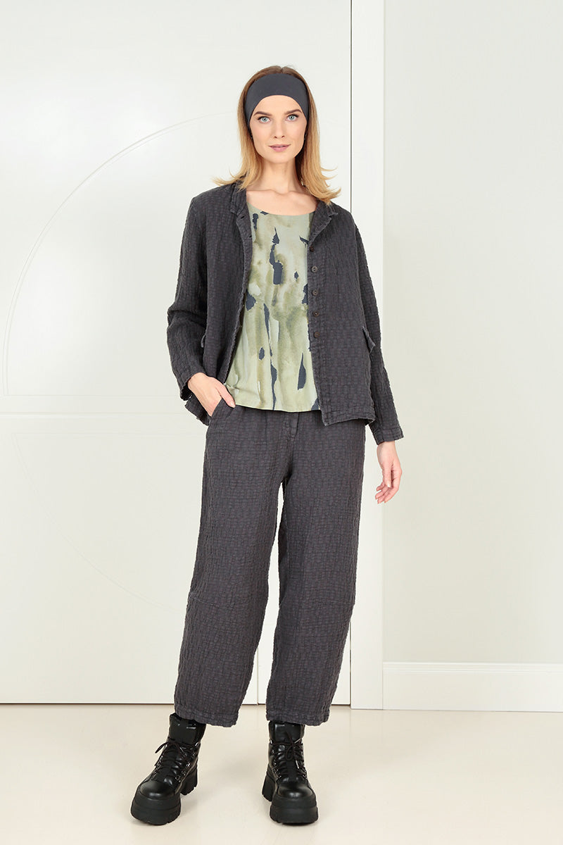 Buttoned Graphite Textured Linen Jacket 6