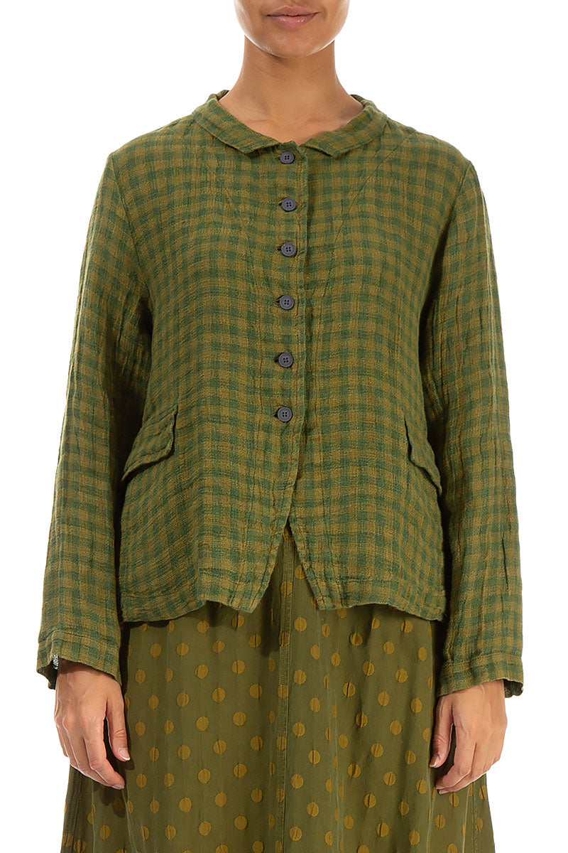 Buttoned Green Check Linen Jacket 1