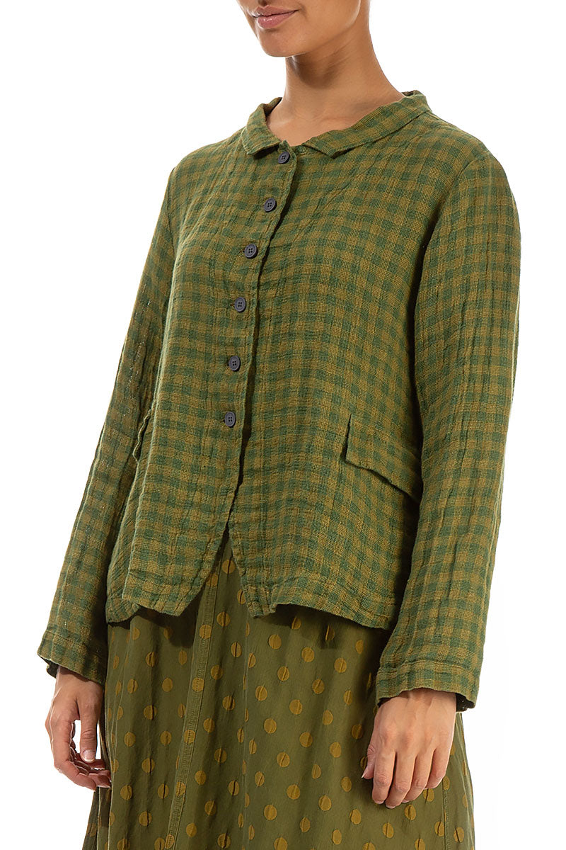 Buttoned Green Check Linen Jacket 3