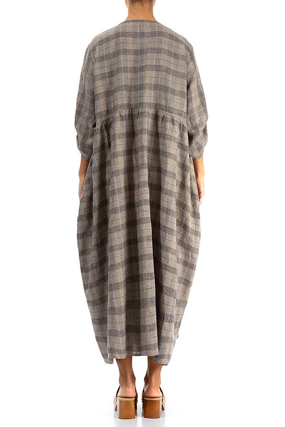 Buttoned Greige Check Linen Dress 2