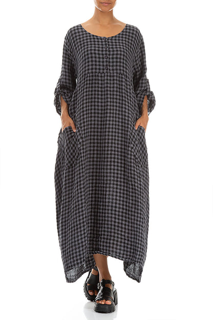 Buttoned Grey Check Linen Dress 3