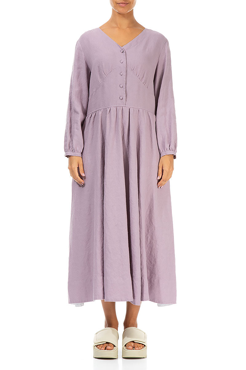 Buttoned V-Neck Light Lilac Linen Dress 1
