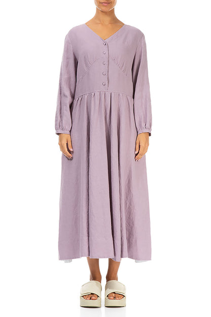 Buttoned V-Neck Light Lilac Linen Dress 1