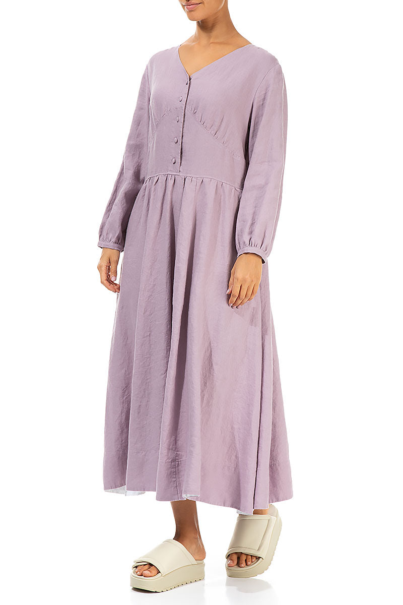 Buttoned V-Neck Light Lilac Linen Dress 3