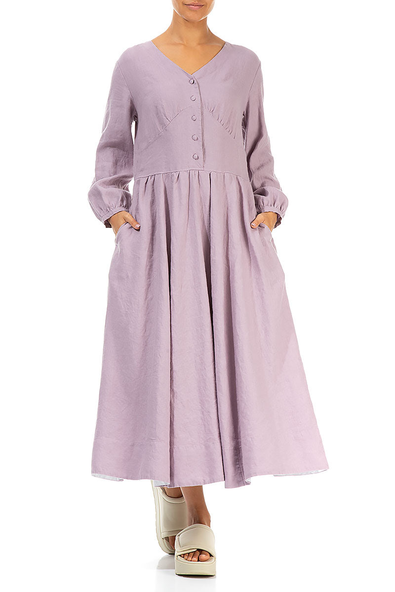 Buttoned V-Neck Light Lilac Linen Dress 4