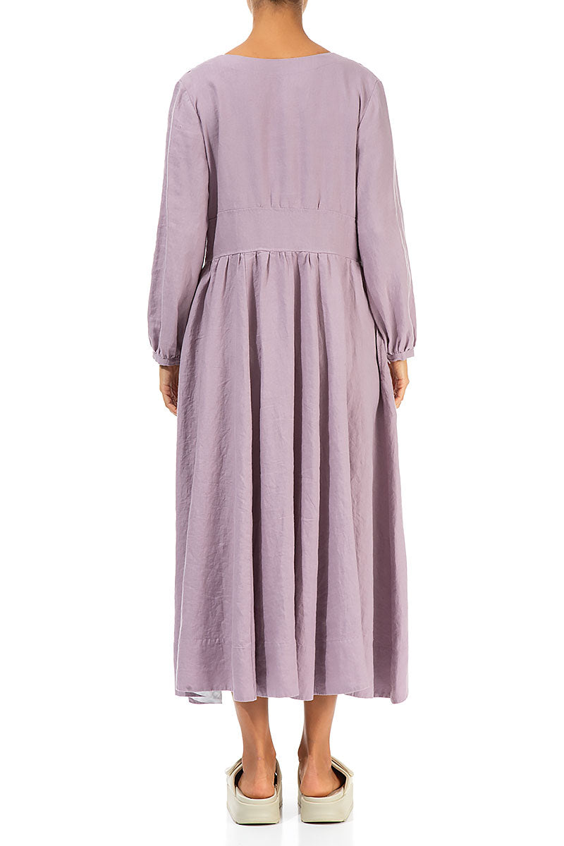Buttoned V-Neck Light Lilac Linen Dress 2