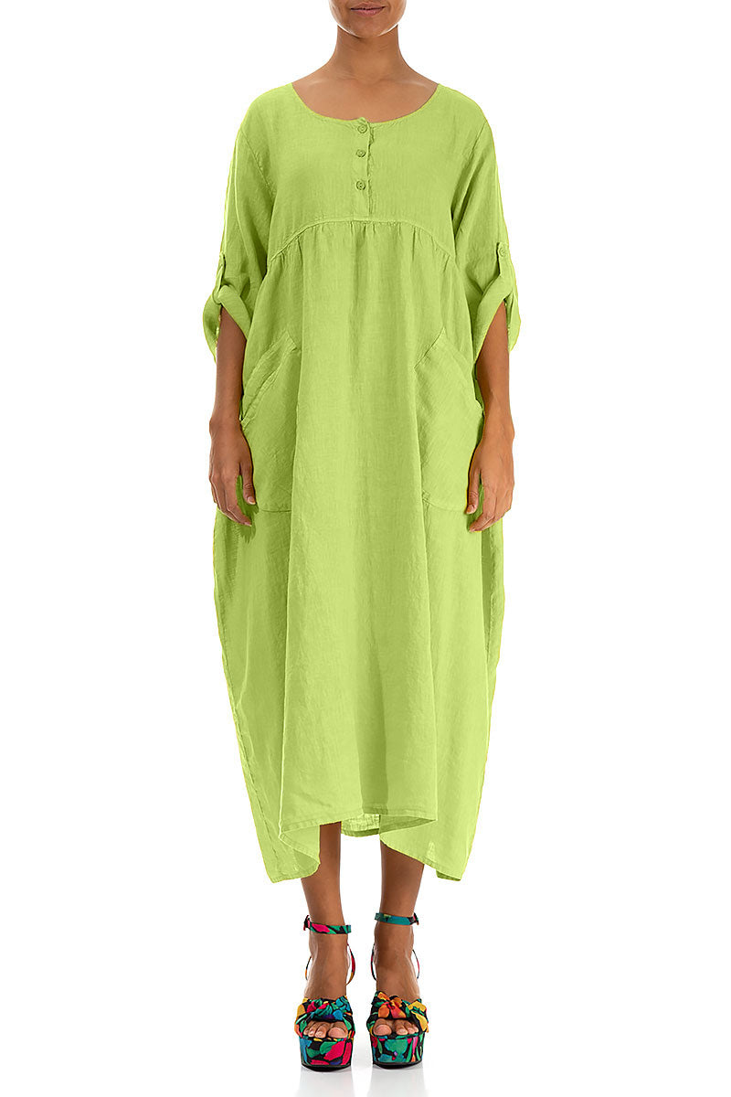 Buttoned Lime Linen Dress 1