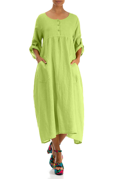 Buttoned Lime Linen Dress 4