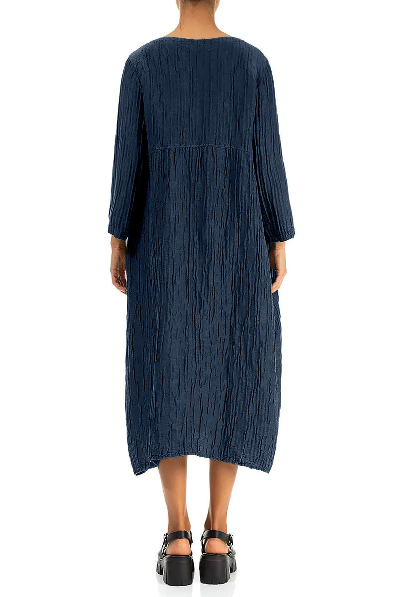 Buttoned Navy Crinkled Silk Linen Dress 2
