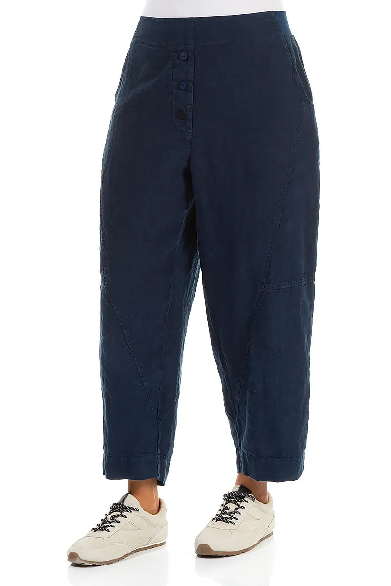 Buttoned Navy Linen Trousers