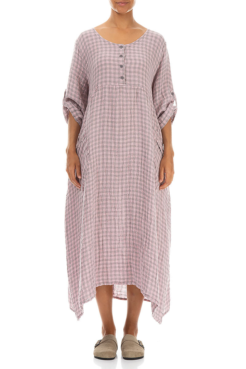 Buttoned Pink Check Linen Dress