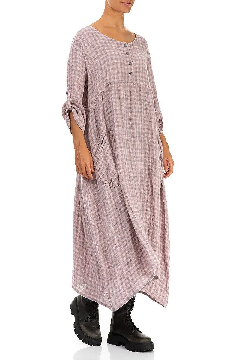 Buttoned Pink Check Linen Dress 3