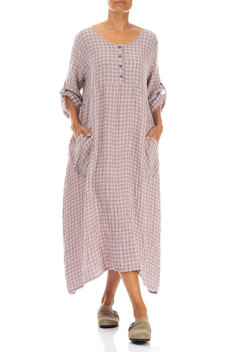 Buttoned Pink Check Linen Dress 4