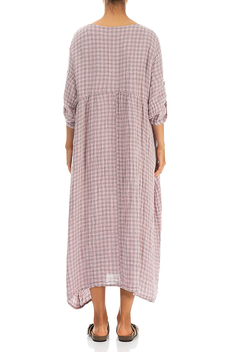 Buttoned Pink Check Linen Dress