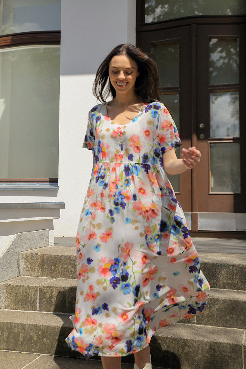 Durchgeknöpftes Seiden-Baumwoll-Kleid Primelfarbenes