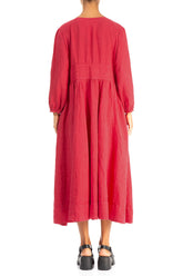 Buttoned V-Neck Raspberry Linen Dress 2
