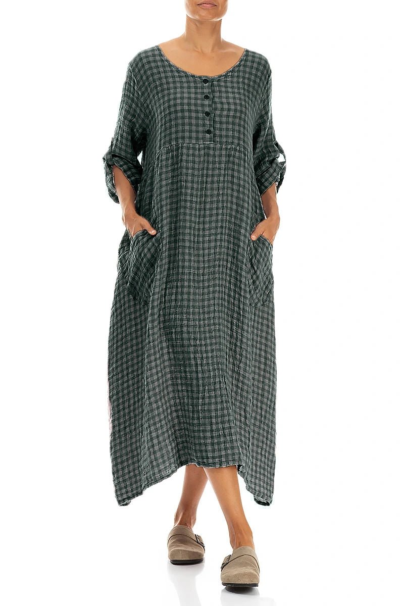 Buttoned Sage Check Linen Dress 4