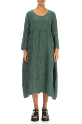 Buttoned Sage Crinkled Silk Linen Dress 2
